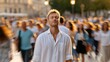 © Iaroslav - Serene man enjoying moment of mindfulness amidst bustling city crowd, finding in peace urban inner environment