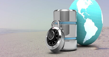 Poster - Positioning silver storage cylinder and leaning black padlock on beige ground, with turquoise globe