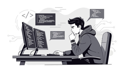 Focused Coder Developing Software with Multi Display Setup In The Office