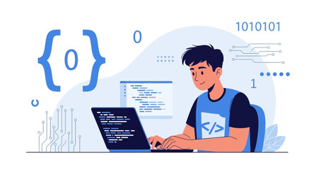 Focused Developer Creating Software With Laptop And Modern Digital Elements