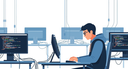 Focused Software Developer Coding In Bright Office With Multiple Computer Screens