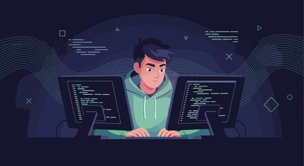 Dedicated Coder Working Diligently On Multiple Monitors At Night Illustration