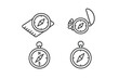© Marie - Outdoor compass icons set. Outline vector icons of orienteering, hiking, camping, survival gear. Baseplate compass, lensatic compass, magnetic navigation dial. Adventure and navigation tools.