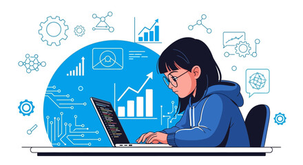 Coding Growth: Woman Developing Software With Data Visualization Background
