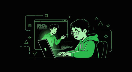 Boy Learning Code Online With Tutor On Laptop In Neon Green Style