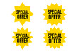 © MarioStudios - Yellow starburst shapes with varying rays, special offer price tag vector set, discount promotion labels, sale badges, retail marketing sticker collection, bold black text, transparent background