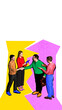 © master1305 - Creative digital artwork of colorful businesspeople shaking hands on yellow and pink background. Concept of business partnership, company merger, negotiation, startup ecosystem collaboration.