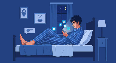 Man Lying In Bed Using Phone At Night Connected To Social Media