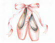 © Arda ALTAY - A delicate watercolor illustration of pink ballet pointe shoes with flowing ribbons tied in a bow, capturing elegance and grace on a white background.