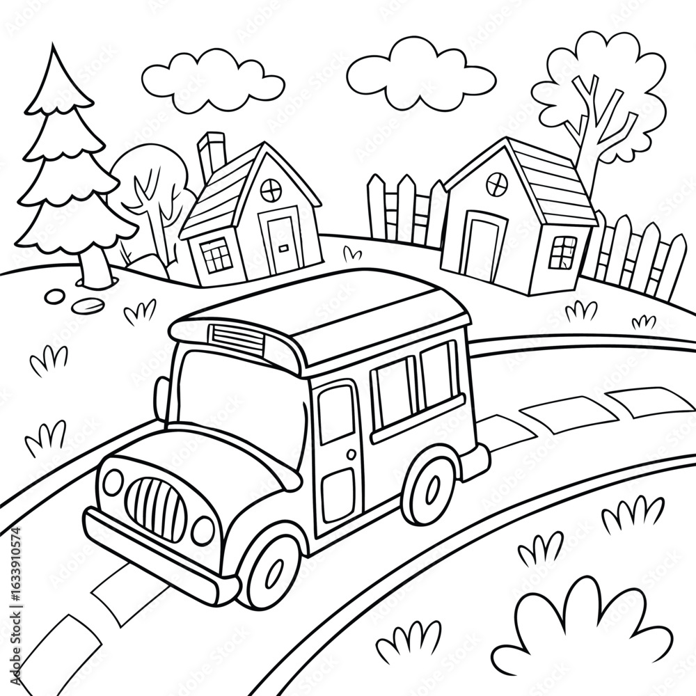 Cartoon School Bus Driving Through Town – Black and White Line Art ...
