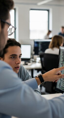 Two young men collaborating on a computer screen displaying code, showcasing teamwork and software development in a modern office setting