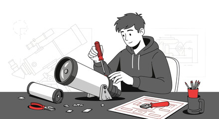 Young Astronomer Assembling Telescope For Star Gazing And Cosmic Exploration