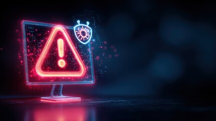 Computer screen with red triangle and virus icon symbolizes a cyber threat
