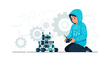 Young Engineer Controls Robot With Remote For Stem Education Achievement