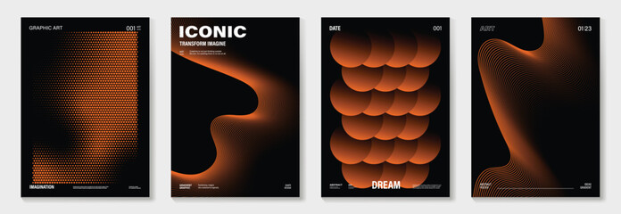 Poster - Modern gradient poster on dark background vector set. Cover template with orange geometric shapes, wavy line, dot halftone. Modern Design for wall art, flyers, brochures, covers and web banners. 