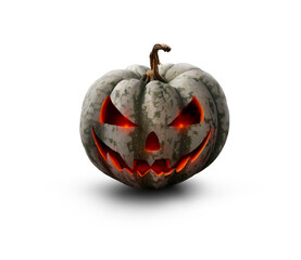 Wall Mural - A single lit green, white and orange spooky halloween pumpkin, Jack O Lantern with evil face and eyes isolated against a transparent background