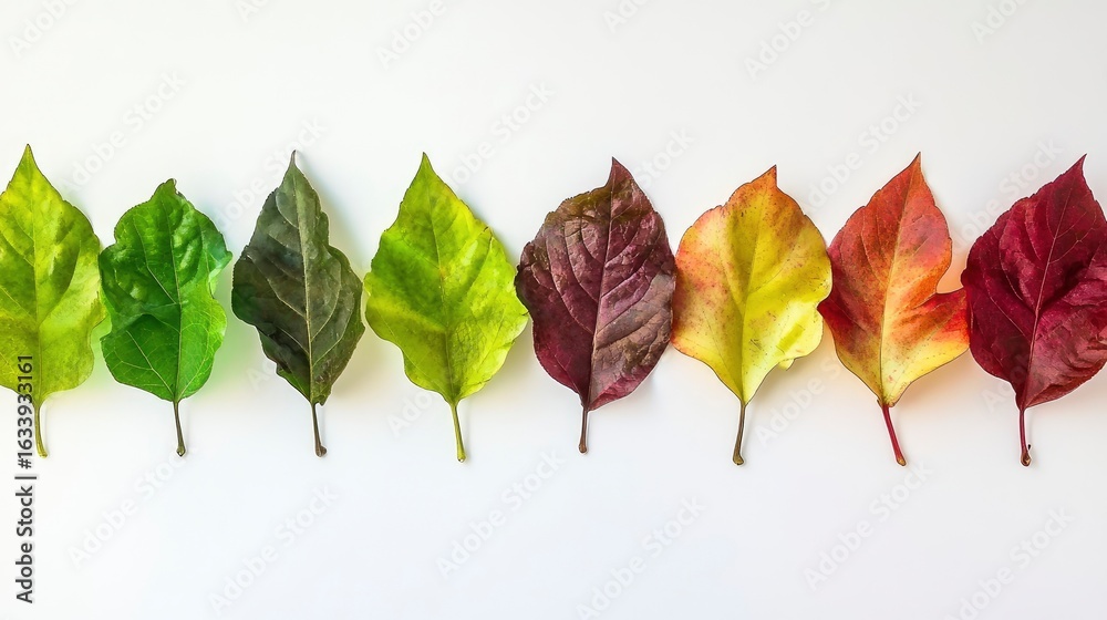Autumn progression series showing leaves in different stages of ...