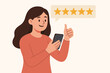 © James - Five star business review, happy female user giving positive feedback and top rating for online service, flat vector illustration, customer satisfaction, mobile device, best ranking concept
