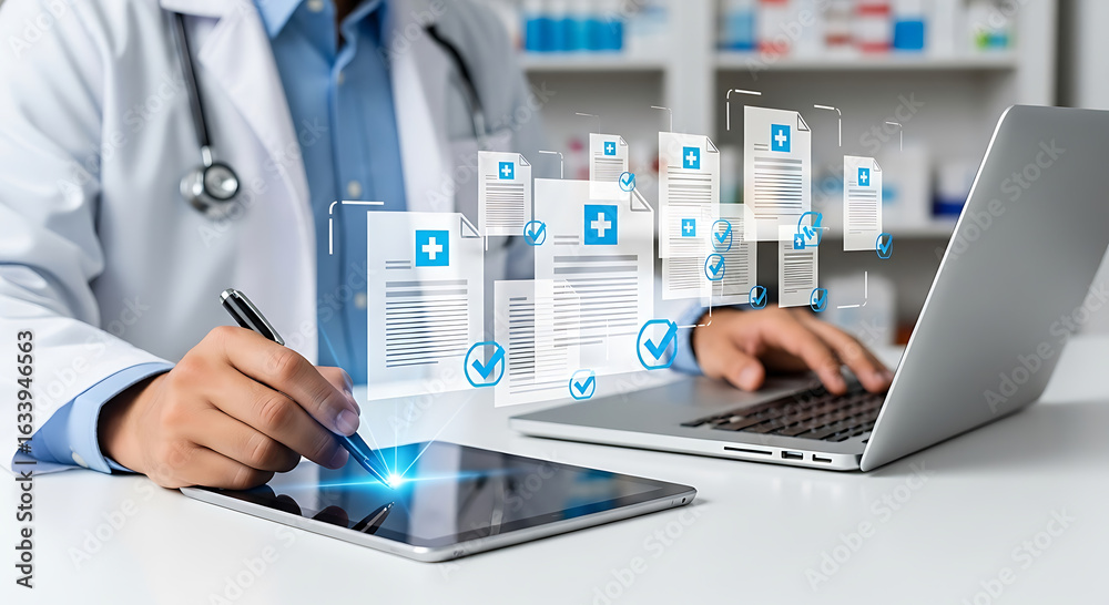 Doctor reviewing digital medical records on a tablet and laptop ...