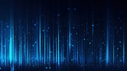 glowing blue vertical lines and particles create a futuristic, digital landscape on a dark backgroun
