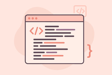 Abstract web programming code window, modern software development, vector illustration, website coding interface, digital script, creative source code, light pink design, flat tech concept background
