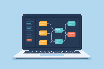 Modern visual scripting interface on laptop computer display. Node-based coding editor workflow. Flat vector illustration. Digital programming, software development, UI/UX design on blue background