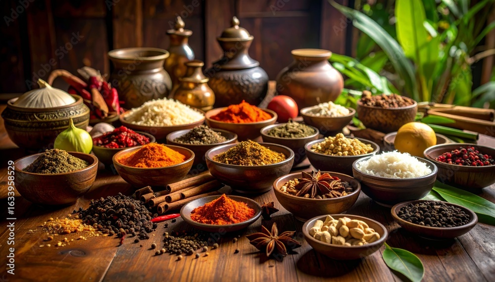 Asian Condiments in Wooden Bowls の Stock イラスト | Adobe Stock