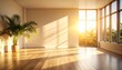 © mingnimit - Modern, empty apartment interior with a parquet floor, light streaming in through a large window, and an open design concept