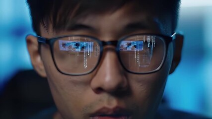 Young man wears glasses that reflect monitor's glowing interface of computer code