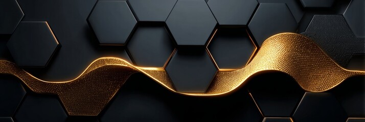Poster - Elegant Dark Hexagonal Background Layers Featuring a Luxurious Golden Wave Pattern for Digital Use