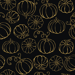 Wall Mural - Vector seamless pattern with outline pumpkins in doodle style. Halloween or thanksgiving background and texture