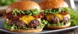 © Ilja - Mouthwatering Double Cheeseburgers with Crispy Bacon, Fresh Lettuce, and Melty Cheese on Plates