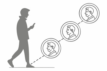 vector art of man walking while looking at his smartphone with people icons