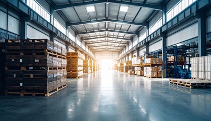 Poster - Stacked Dark Wooden Beams on a Warehouse Floor Surrounded by Pallets and Industrial 