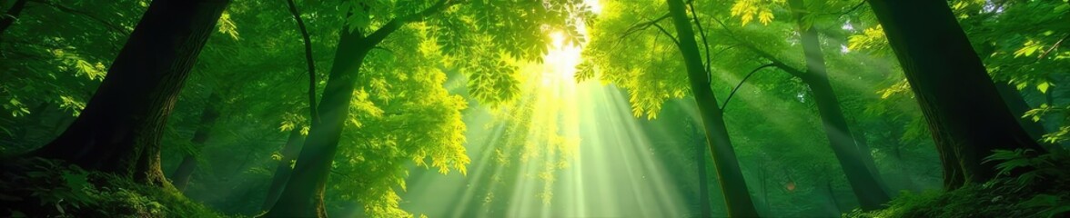 Wall Mural - Lush green forest canopy, sunlight dappling through leaves, creating a magical atmosphere Perfect for nature, environmental, and travel projects , moss, lush, abundant
