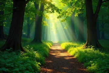 Wall Mural - Sun-dappled forest path winds through lush green trees, sunlight filtering through leaves, creating a magical atmosphere Perfect for nature, travel, and fantasy themes , path, fall