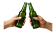 © OMD - Two hands clinking green glass beer bottles together on transparent background.
