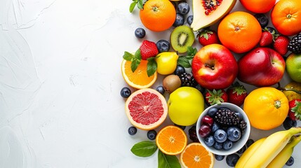 Wall Mural - Top view, assorted bright juicy fruits on light background with copy space. Perfect background for cooking blog, advertising campaigns, website design, menus, product labels or marketing materials.