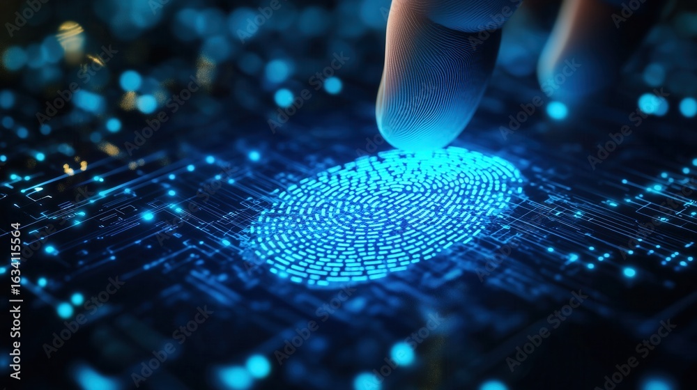 Tapping your finger on a glowing digital fingerprint scanner in a ...
