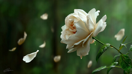 Wall Mural - White rose with falling petals in a green garden
