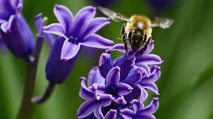 Wall Mural - ultra slow motion 4k video of a fluffy honey bee delicately collecting nectar from a vibrant purple hyacinth flower surrounded by a softly blurred natural background symbolizing harmony in nature