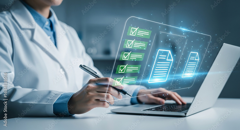 digital medical checklist, doctor using laptop and stylus with floating ...