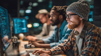 focused team collaborating on code, eyes glued to screens in a late-night development session. colla