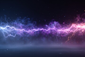 Wall Mural - Frame from thunder lightning and purple smoke on dark background. Natural energy border with thunderbolt light or electric energy sparkle. Realistic 3d vector storm flash power or.