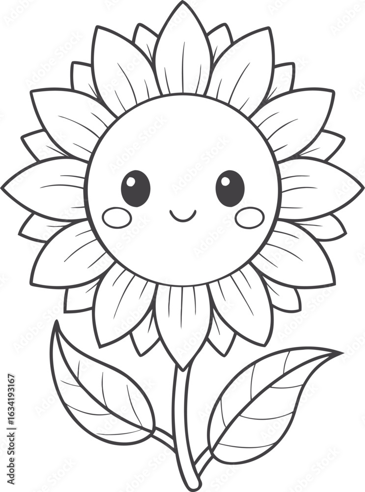 Cute sunflower kawaii coloring page for kids, black and white vector ...
