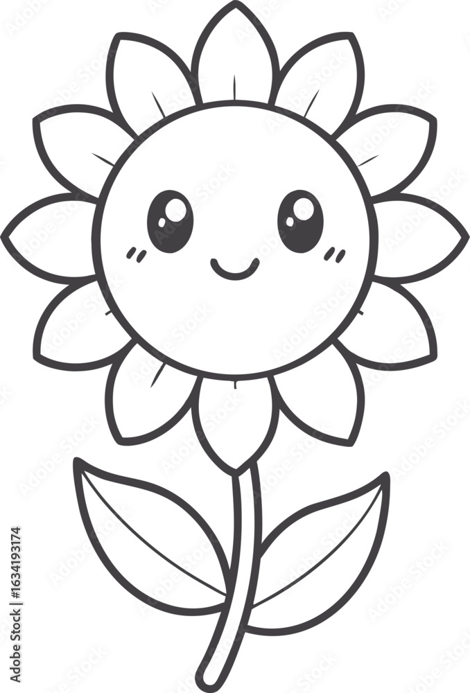 Cute sunflower kawaii coloring page for kids, black and white vector ...