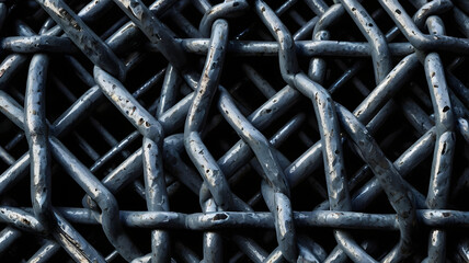 A detailed macro view of a complex, interwoven heavy-duty steel mesh, creating an abstract industrial pattern and texture.