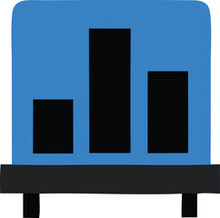 Poster - Simple blue graphic with three black vertical bars of varying heights on a black platform representing data or progress
