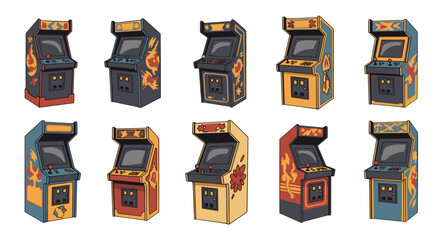 Illustration of ten vintage arcade game machines with various designs and color schemes displayed in a row