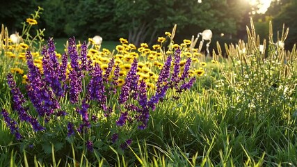 Wall Mural - vibrant 4k summer nature scene showcasing blooming wildflowers tall green grass and garden plants glowing under natural sunlight creating a warm and fertile rural landscape with seasonal charm